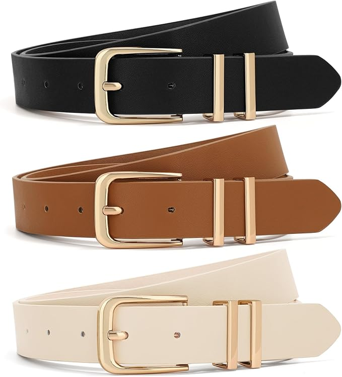 3 pack women’s leather belts with gold buckle for jeans, dresses, and pants
